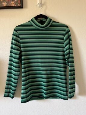 VINTAGE 70S BROOKVALLEY GREEN STRIPED MOCK NECK TOP S RIBBED KNIT MOD RETRO